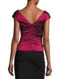 Cap-Sleeve Tiered Stretch Satin Top, Red