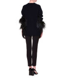 V-Neck Feather-Trim Fur Sweater, Black