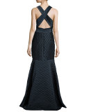 Cross-Back Jacquard Mermaid Gown, Navy