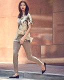 Josie Short-Sleeve Abstract-Print Silk Blouse, Ecru Multi