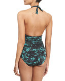Rose-Print Ruched Halter One-Piece Swimsuit
