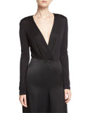 Lala Satin Long-Sleeve Surplice Bodysuit
