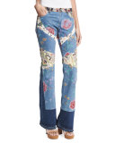 Patchwork Floral Denim Jeans, Light Blue