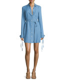 Long-Sleeve Button-Front Shirtdress, Sky Blue