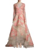 Floral-Appliqué Long-Sleeve Illusion Gown, Apricot/Nude