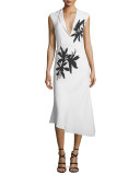 Sleeveless Floral-Print Midi Dress, White/Black