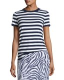 Striped Tee w/ Sweater-Trim Crew Neckline, 