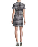 short-sleeve plaid tweed dress, black/gray