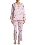 Lipstick-Print Long-Sleeve Classic Pajama Set, Pink