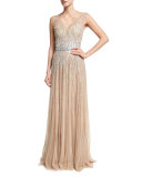 Sleeveless Embellished Tulle Gown, Gold