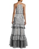 Brianna Sleeveless Tiered Lace Gown, Light Blue/Black