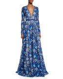 Long-Sleeve Scalloped Lace Gown, Royal Blue