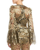 Metallic Lace V-Neck Jacket, Gold