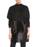Makayla Cape-Sleeve Coat w/ Calf-Hair Panels, Black