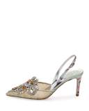 Jeweled Snakeskin Slingback 75mm Pump, Sea/Multi