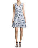 Silk Fit-and-Flare Meteor-Print Dress, Indigo/Sea Salt