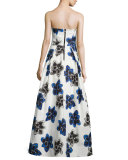 Strapless Floral-Print Ball Gown, Sapphire