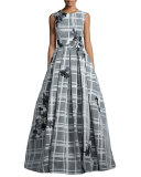 Sleeveless Embroidered Check Ball Gown, White/Black