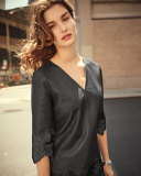 Half-Sleeve Leather Top w/ Calf Hair Lace, Black