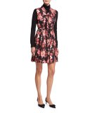 sleeveless tie-neck floral silk pleated dress, black