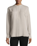 Long-Sleeve Embroidered Stretch-Silk Blouse, Taupe