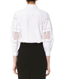Crochet-Inset Balloon-Sleeve Blouse, White