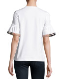 Crewneck Tee w/ Gathered Check-Trim Sleeves, White