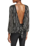 Evvy Sequined Tie-Back Silk Blouse, Black/Silver/Black