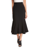 Flounce-Hem Crepe Midi Skirt, Black