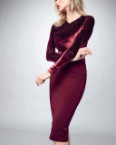 Long Sleeve Faux-Wrap Velvet Jersey Sheath Dress, Claret 