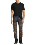Distressed Slim-Fit Moto Jeans, Blue