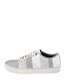 Men's Striped Leather Low-Top Sneaker, White/Gray