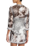Embroidered-Front Printed Short Tunic Coverup