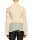 Long-Sleeve Mock-Neck Rosette Top, Beige