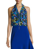 Jewel-Print Satin Chiffon Halter Top, Multi