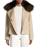 Fur-Trim Colorblock Coat, Beige