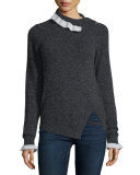 Button-Shoulder Turtleneck Sweater, Dark Gray/White