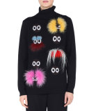 Long-Sleeve Fur-Embellished Monster Sweater, Black
