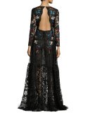 Dupont Long-Sleeve Embroidered Floral Tulle Gown, Jet