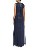 Sleeveless Sequined Overlay Gown, Midnight
