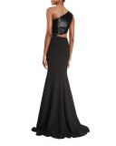 One-Shoulder Asymmetric Beaded Crepe Gown, Black
