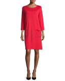 Studded 3/4-Sleeve Shift Dress, Red