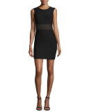 Jackie Sleeveless Ponte Mesh-Trim Mini Dress, Black