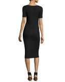 Short-Sleeve Stretch Jersey Henley Midi Dress, Black
