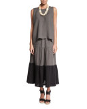 Colorblock Tiered Linen Petticoat Skirt, Black/Elephant