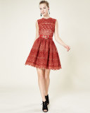 Sleeveless Fit-&-Flare Lace Dress, Cadillac