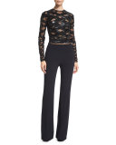 Long-Sleeve Embellished-Top Jumpsuit, Black