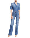 Tao Belted Denim Short-Sleeve Jumpsuit, Blue