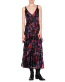 Sleeveless Floral-Print Tiered Midi Dress, Purple/Red/Black