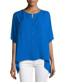 Karrly Dolman-Sleeve Silk Button-Front Top, Blue Riviera